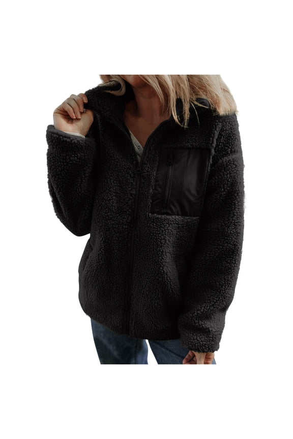 Womens Winter Fleece Jackets No Hood Trendy Front Zipper Long Sleeve Warm Teddy Sherpa Coats with Pockets (L, Black)