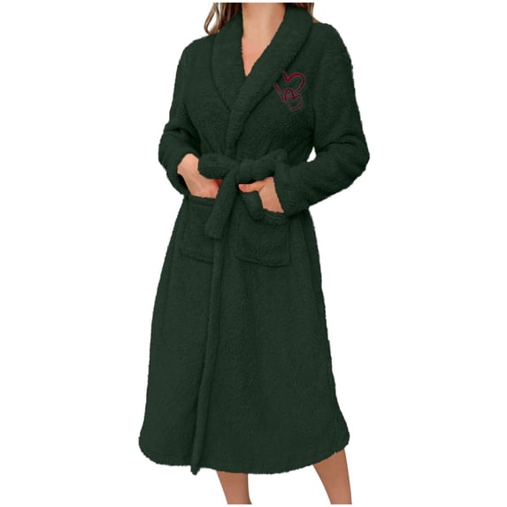 Womens Winter Fleece Robe - Machine Washable Elegant Shawl Collar Long Robes with Tie Waist & Pockets Women Wrap V-Neck Thick Bathrobe