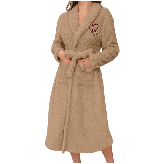 Womens Winter Fleece Robe - Machine Washable Elegant Shawl Collar Long Robes with Tie Waist & Pockets Women Wrap V-Neck Thick Bathrobe