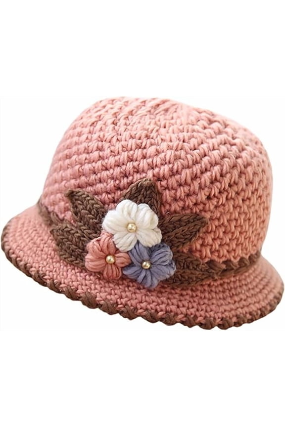 Womens Winter Floral Crochet Hat - Thick Warm French Style Beanie for Cold Weather(LR Pink 1 PCS)