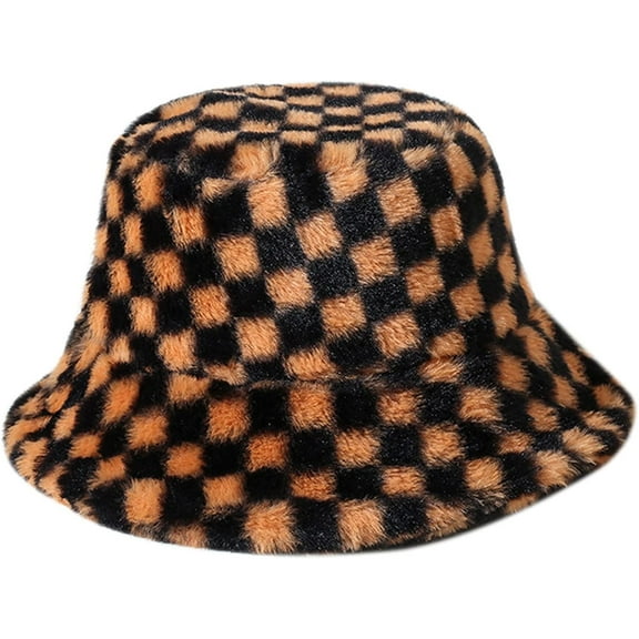 Womens Winter Fluffy Bucket Hat Checkered Pattern,Winter Faux Fur Bucket Hat Fluffy Warm Hat for Women Men