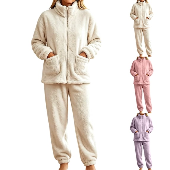 Womens Winter Fluffy Pajamas Set Warm Fleece Pants Pullover Plush Sleepwear Beige L