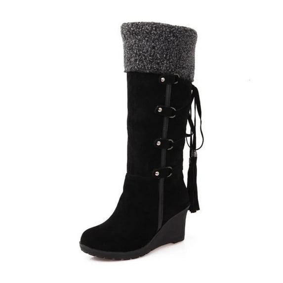 Womens Winter Furry Wedge Snow Boots Fashion High Heel Round Toe Wedges Bootie Insulated Knee High Boots with Tassel
