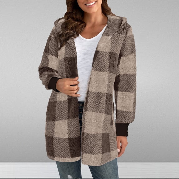 Womens Winter Fuzzy Cardigan Coats, Warm Fleece Hooded Jackets, Open Front Loungewear Plaid Outerwear Coat Coffee 3XL