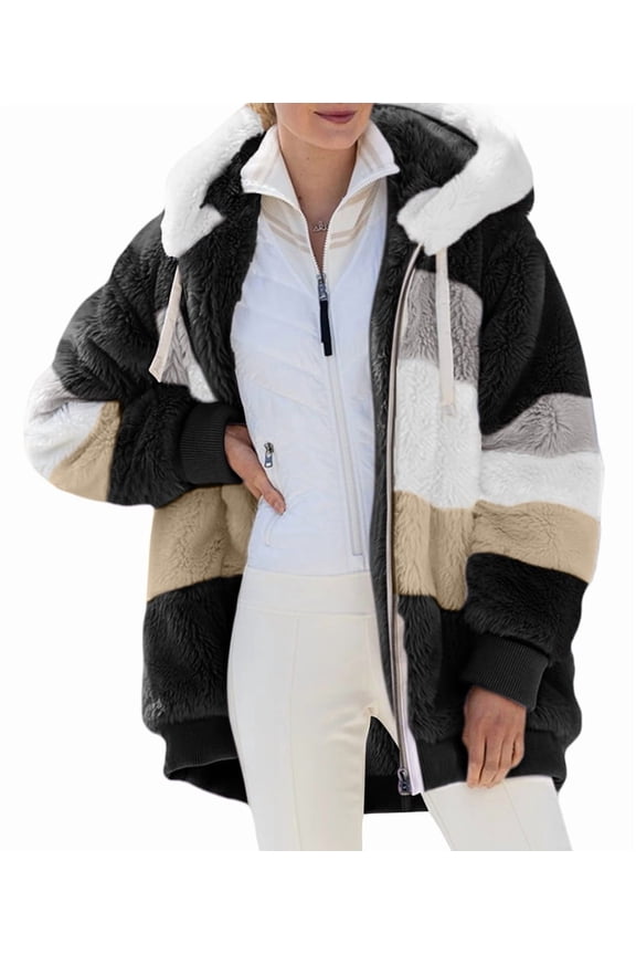 Womens Winter Fuzzy Fleece Jacket Hooded Color Block Patchwork Cardigan Coats Outerwear with Pockets Black 5XL