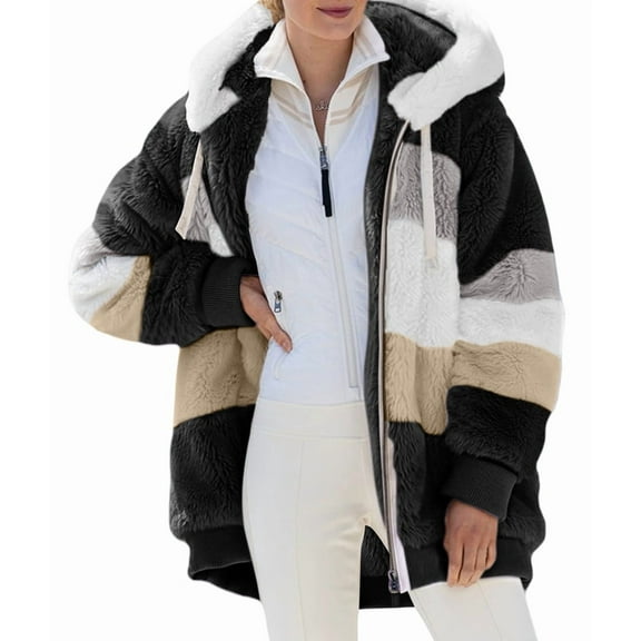 Womens Winter Fuzzy Fleece Jacket Hooded Color Block Patchwork Cardigan Coats Outerwear with Pockets Black L