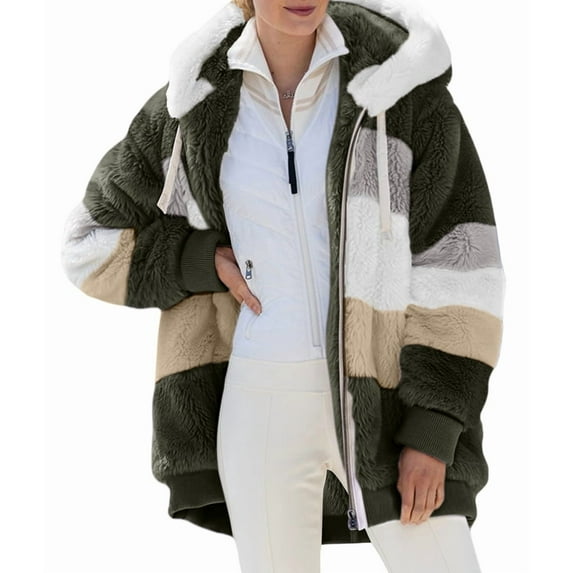 Womens Winter Fuzzy Fleece Jacket Hooded Color Block Patchwork Cardigan Coats Outerwear with Pockets Green XXL