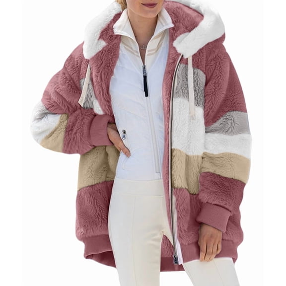 Womens Winter Fuzzy Fleece Jacket Hooded Color Block Patchwork Cardigan Coats Outerwear with Pockets Pink 5XL
