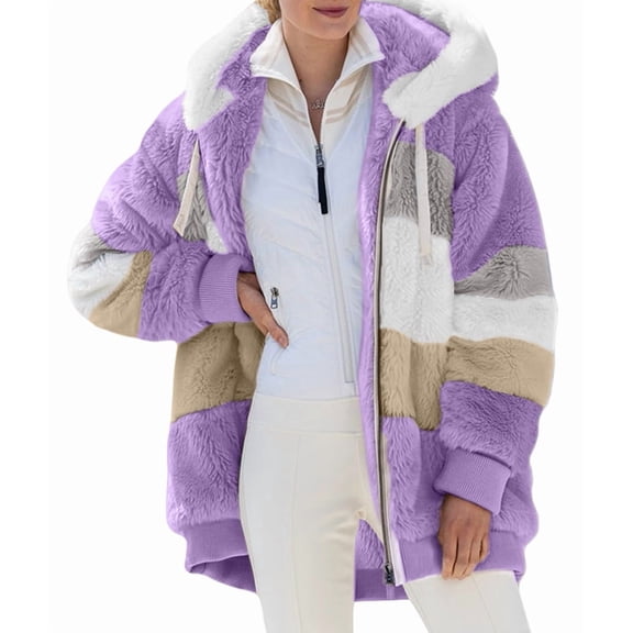 Womens Winter Fuzzy Fleece Jacket Hooded Color Block Patchwork Cardigan Coats Outerwear with Pockets Purple L
