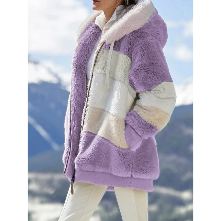 Womens Winter Fuzzy Fleece Jacket Hooded Color Block Patchwork