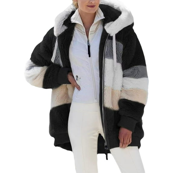 Womens Winter Fuzzy Fleece Jacket Hooded Color Block Patchwork Cardigan Coats Outerwear with Pockets