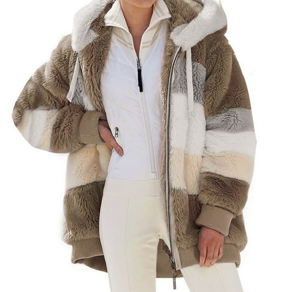 Womens Winter Fuzzy Fleece Jacket Hooded Color Block Patchwork Cardigan Coats Outerwear with Pockets