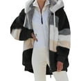 thumbnail image 1 of Womens Winter Fuzzy Fleece Jacket Hooded Color Block Patchwork Coats Outerwear with Pockets Black 5XL, 1 of 6