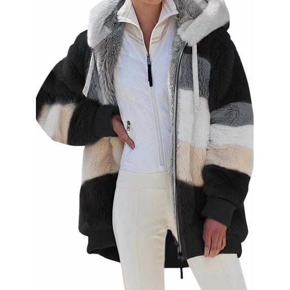 Womens Winter Fuzzy Fleece Jacket Hooded Color Block Patchwork Coats Outerwear with Pockets Black 5XL
