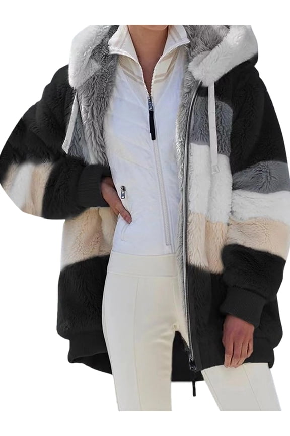 Womens Winter Fuzzy Fleece Jacket Hooded Color Block Patchwork Coats Outerwear with Pockets Black L