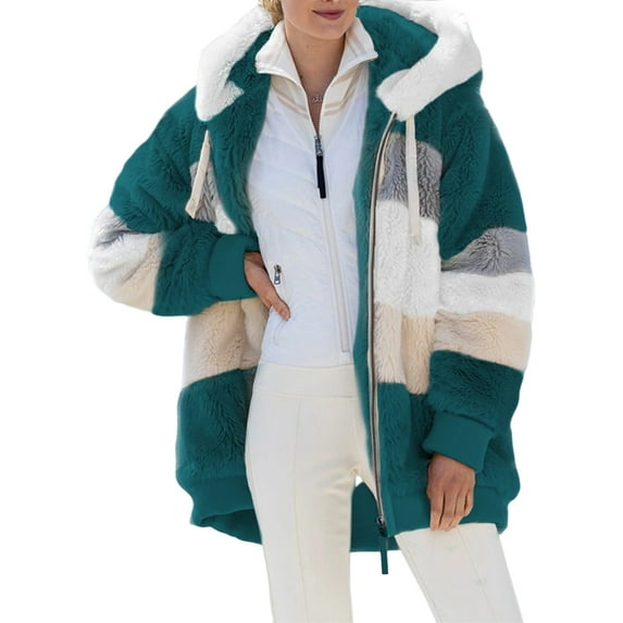 Womens Winter Fuzzy Fleece Jacket Hooded Color Block Patchwork Coats Outerwear with Pockets Green S
