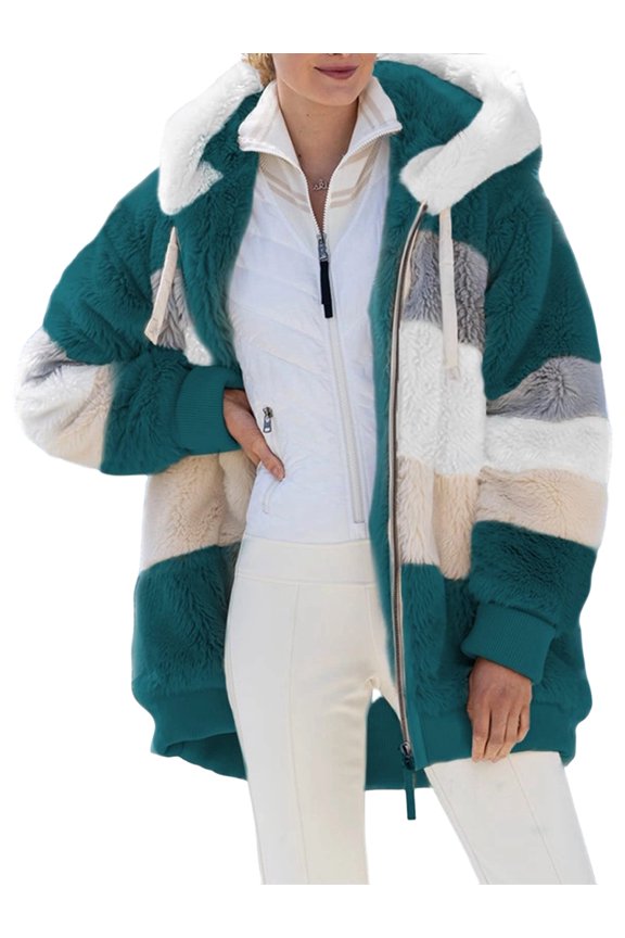 Womens Winter Fuzzy Fleece Jacket Hooded Color Block Patchwork Coats Outerwear with Pockets Green XXL