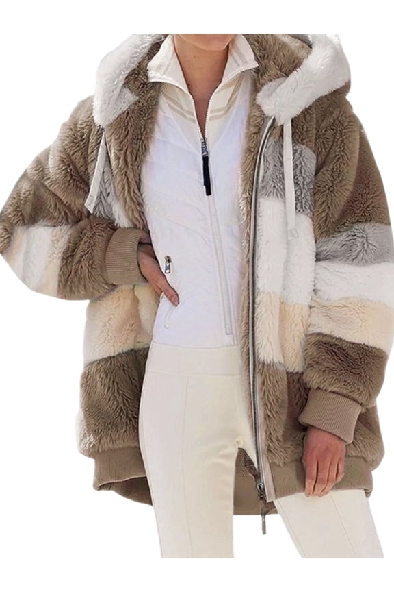 Womens Winter Fuzzy Fleece Jacket Hooded Color Block Patchwork Coats Outerwear with Pockets Khaki 4XL