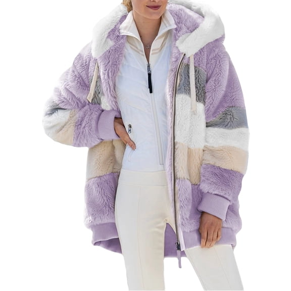 Womens Winter Fuzzy Fleece Jacket Hooded Color Block Patchwork Coats Outerwear with Pockets XXXL