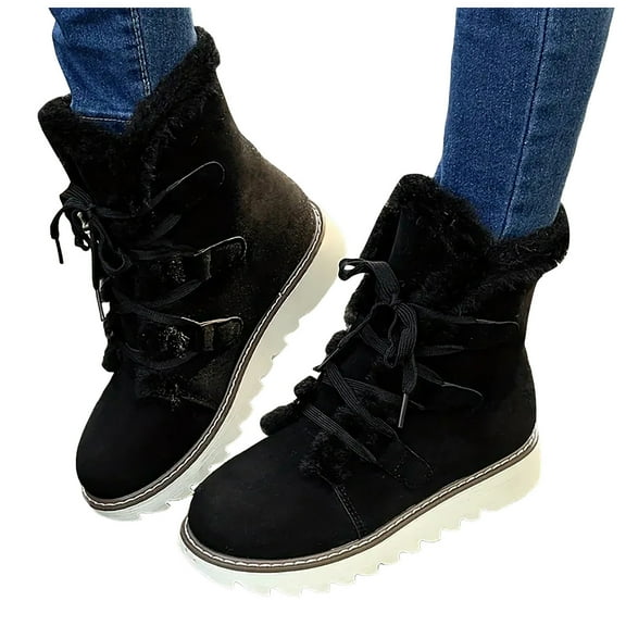 Womens Winter Fuzzy Mid Calf Combat Boots Fashion Casual Suede Thermal Plush Lined Platform Chunky Snow Boots Black Size 6.5