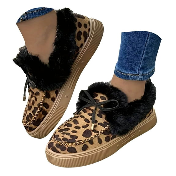 Womens Winter Fuzzy Slip on Penny Loafers Snow Ankle Booties Fashion Leopard Suede Plush Fleece Lined Flats Warm Walking Shoes Platform Boots