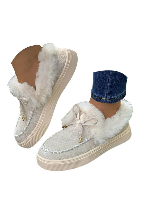 Womens Winter Fuzzy Slip on Penny Loafers Snow Ankle Booties Fashion Leopard Suede Plush Fleece Lined Flats Warm Walking Shoes Platform Boots
