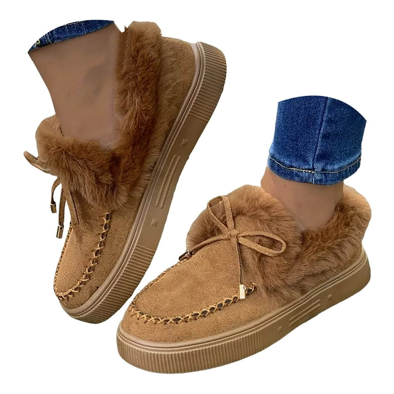 Womens Winter Fuzzy Slip on Penny Loafers Snow Ankle Booties