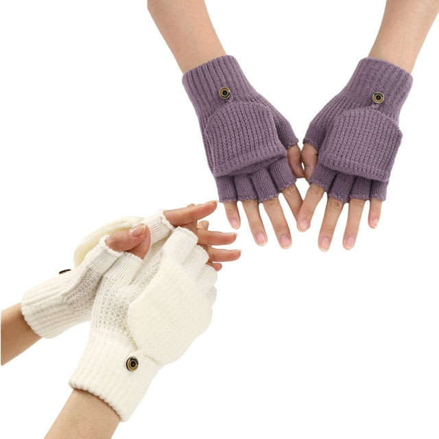 Womens Winter Gloves, 2 Pack Warm Knitted Convertible Fingerless Gloves