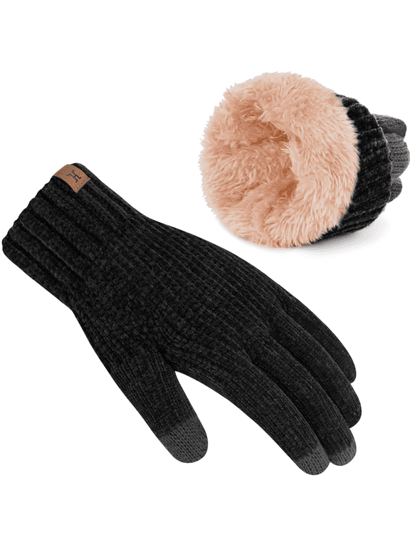 Womens Winter Gloves with Touch Screen Fingers Thermal Chenille Warm Lining Knit Gloves for Women Cold Weather Gifts,Black