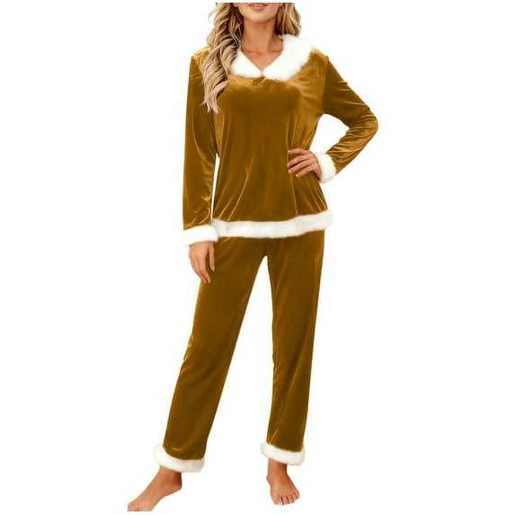 Womens Winter Gold Velvet 2-Piece Set (Long Sleeve Lapel Top + Elastic-Waist Pants) Plush Warm Fabric 2025 Trendy Casual Daily Wear All-Body Comfort