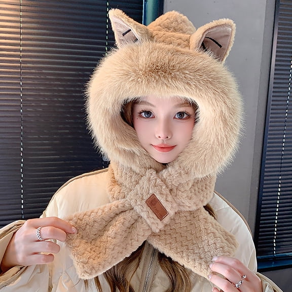 Womens Winter Hat Fox Hat Brown Caps Neck Gaiter Snow Hats For Women