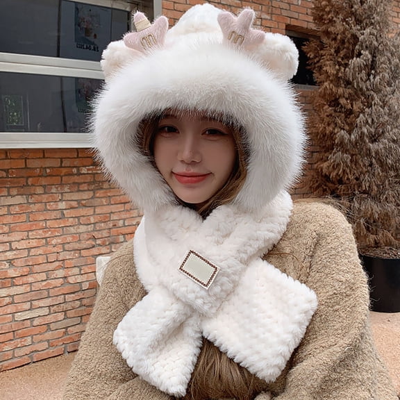 Womens Winter Hat Fox Hat White Beanie Hat Winter Scarves For Women One Piece Hat