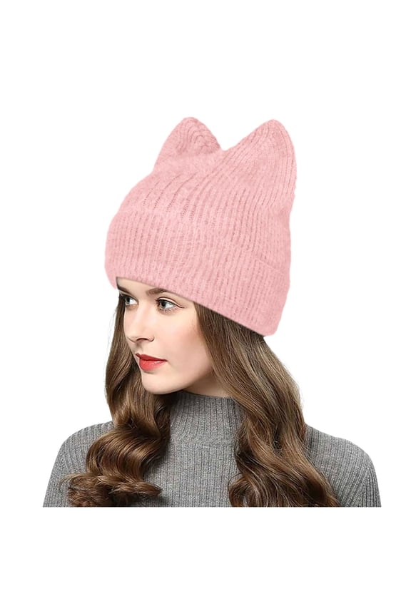 Women Knit Crochet Cute Furry Plush Cat Hat With Ear Slouchy Wool Winter Warm Hats