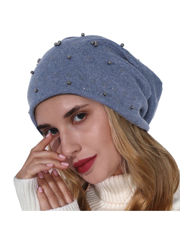 Womens Winter Hat Knit Chunky Snow Cap Snow Ski Skull Cap Knitting Skull Beanies Soft Lightweight Turbans Soft Slouchy Warm Cuffed Head Coverings for Women Blue One Size