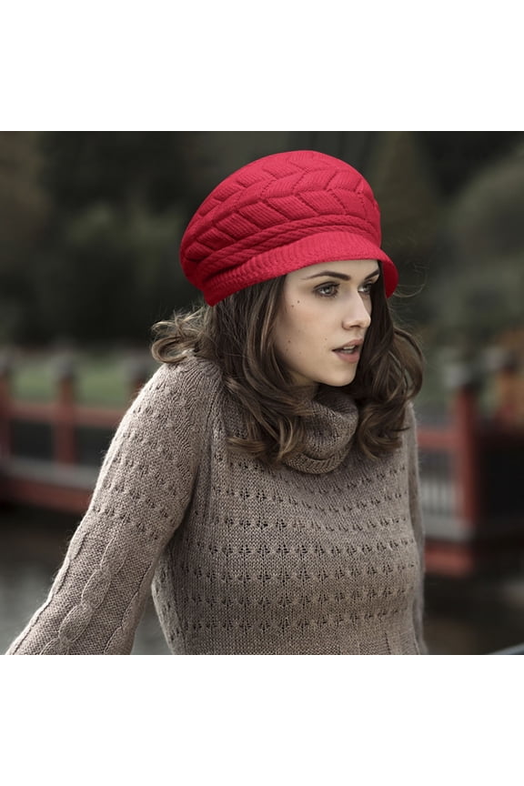 Knitted Slouchy Wool Cap with Visor Earflap Protector, Orange, One Size