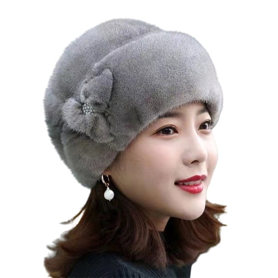 Womens Winter Hat, Real Waterproof Fluffy Roller Hat,Knitted Beanie Braided Real Hair Warm Basin Hat Gray One Size