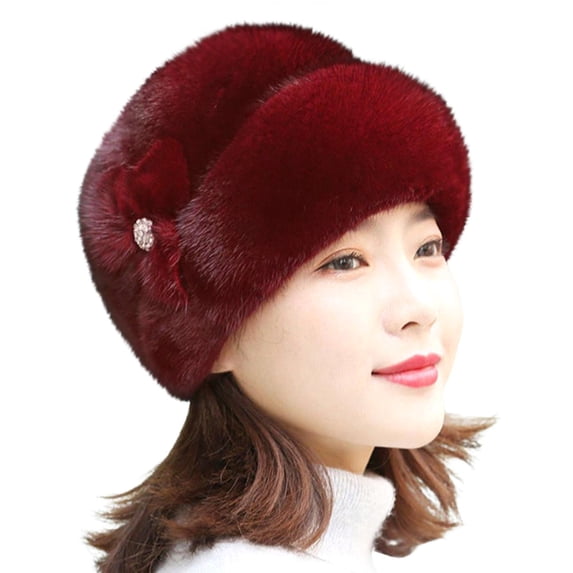 Womens Winter Hat, Real Waterproof Fluffy Roller Hat,Knitted Beanie Braided Real Hair Warm Basin Hat Wine One Size
