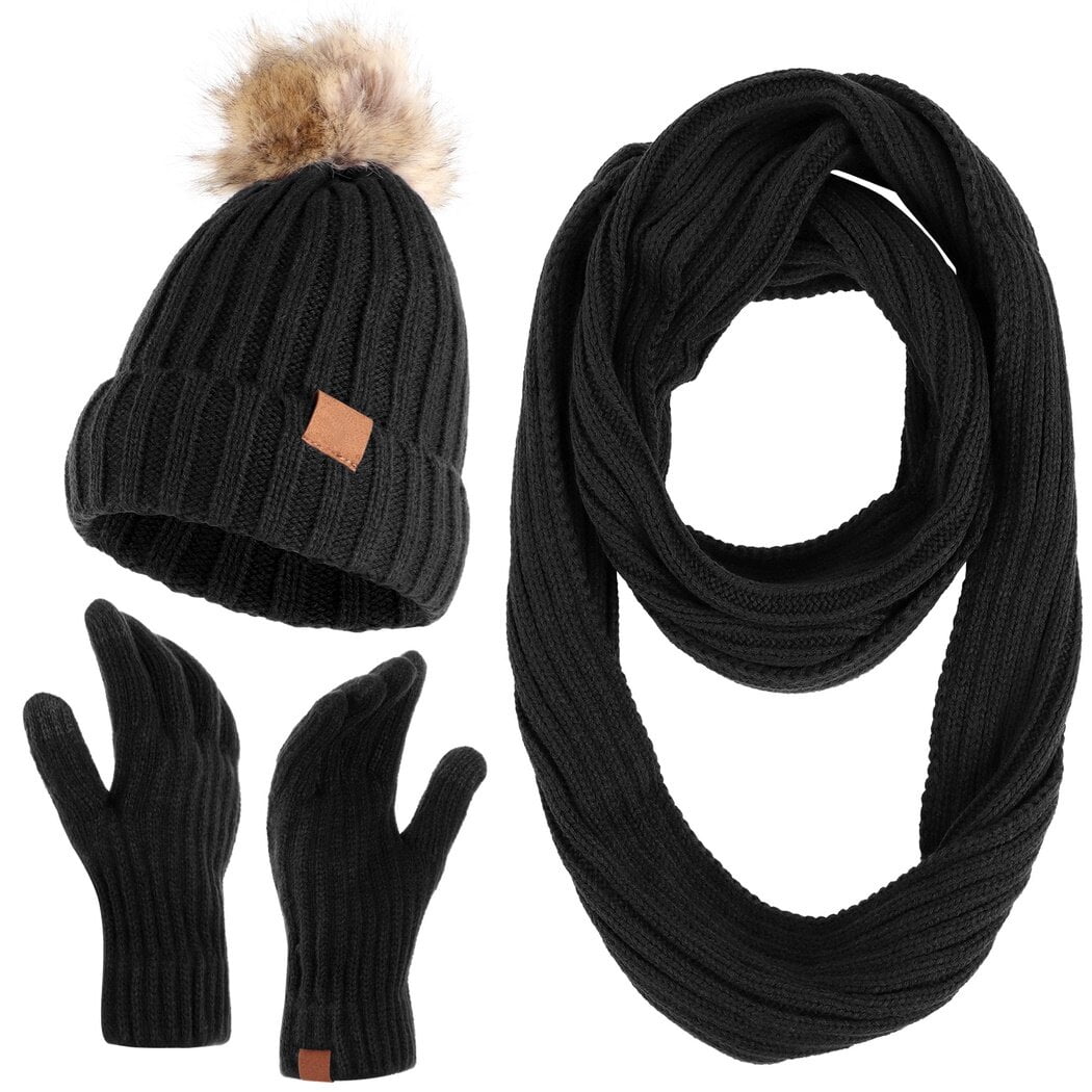 Womens Winter Hat Scarf Glove Set, Warm Knitted Beanie Hat with Velvet