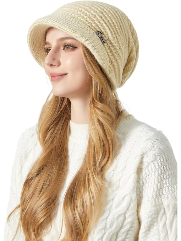 Womens Winter Hat Warm Knit Hat Slouchy Beanie Cap with Brim, Fleece Lined Ear Protection Beret Hat Newsboy Cap, Winter Gifts Outdoor Daily Adjustable 21.7 - 23.6 Inch