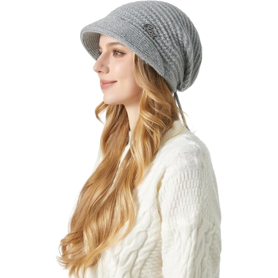 Womens Winter Hat Warm Knit Hat Slouchy Beanie Cap with Brim, Fleece Lined Ear Protection Beret Hat Newsboy Cap, Winter Gifts Outdoor Daily Adjustable 21.7 - 23.6 Inch