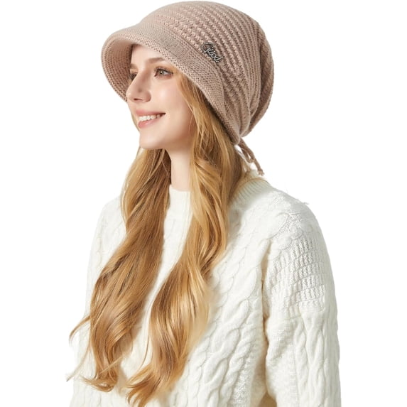Womens Winter Hat Warm Knit Hat Slouchy Beanie Cap with Brim, Fleece Lined Ear Protection Beret Hat Newsboy Cap, Winter Gifts Outdoor Daily Adjustable 21.7 - 23.6 Inch