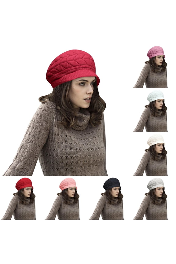 Womens Winter Hat Warm Knitted Slouchy Wool Hats Cap with Visor Rabbit One Size
