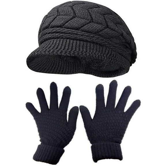 Womens Winter Hat and Gloves Set for Girls Wool Knit Skull Cap with Visor