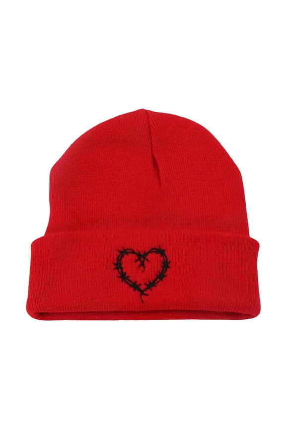 Womens Winter Hats Unisex Knitted Hat with Love Embroidery Warm Fashionable Woolen Cap Hats for Women Men Red One Size