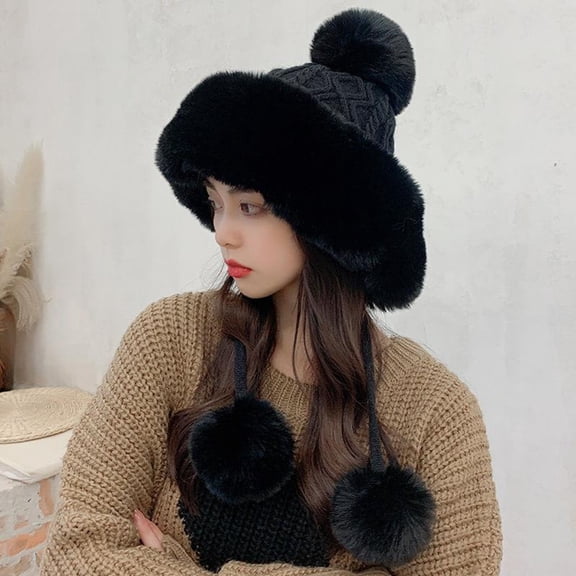 Womens Winter Hats With Pompom Knit Cap Ushanka Trapper Ear Cover Warm Hats for Outdoor Activities