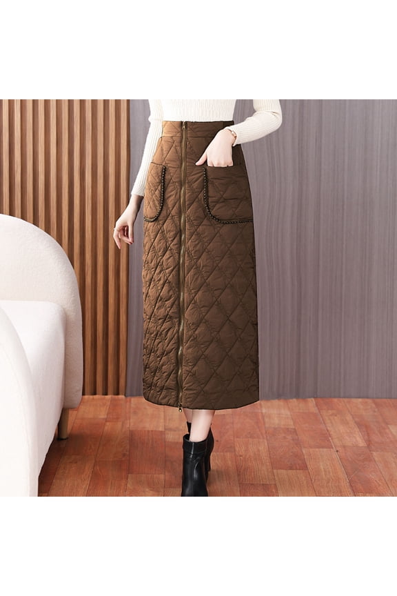 Womens Winter High Waist A-Line Pleated Midi Skirt Solid Color Thick Down Cotton Skirt Mid Length Skirt Khaki M