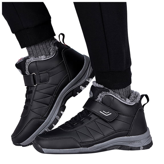 Womens Winter Hiking Boots Mens Hook and Loop Casual Lace up Snow Booties Furry Lined Waterproof Anti-Slip Outdoor Trekking Shoes Black 7