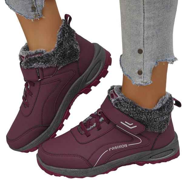 Womens Winter Hiking Boots with Fleece Lined Waterproof Non Slip Lace up Outdoor Sneakers Trekking Work Snow Ankle Booties Wine Size 9.5