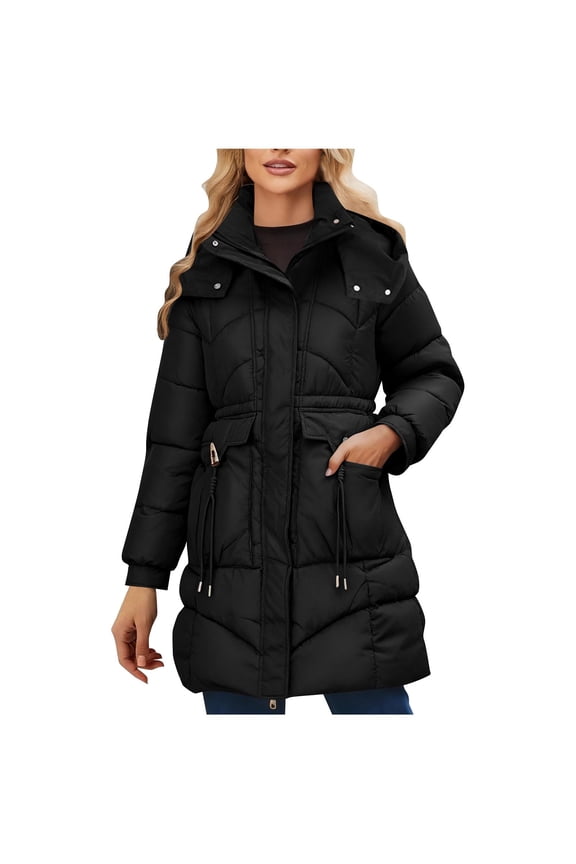 Womens Winter Hooded Parka Jacket Long Sleeve Toggle Duffle Coat with Faux Fur Trim Black S