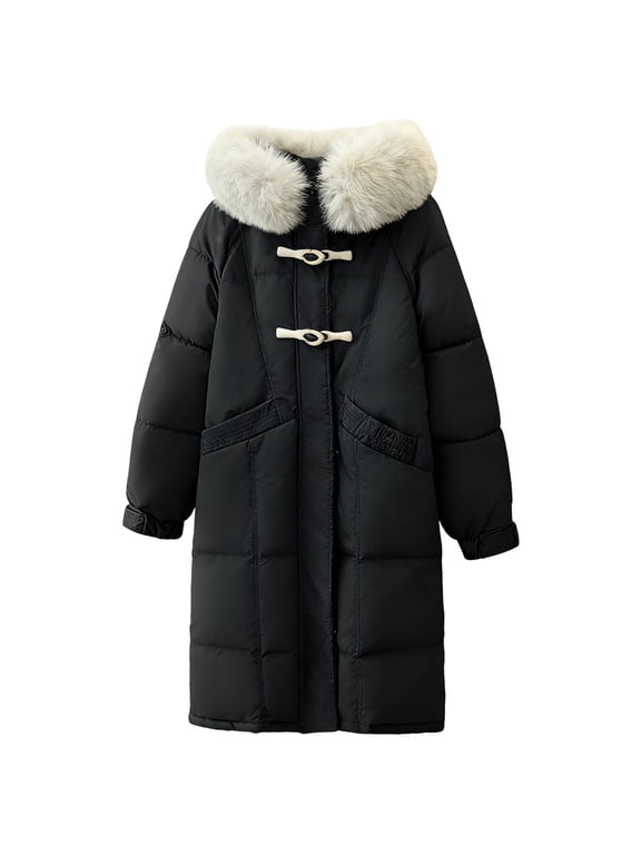 Womens Winter Hooded Parka Jacket Long Sleeve Toggle Duffle Coat with Faux Fur Trim Black XS
